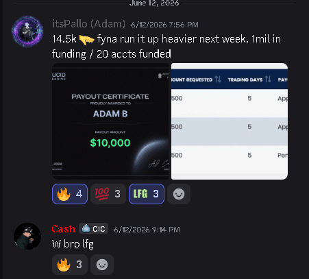 Discord message from itsPallo with a $10,000 payout certificate awarded to Adam B