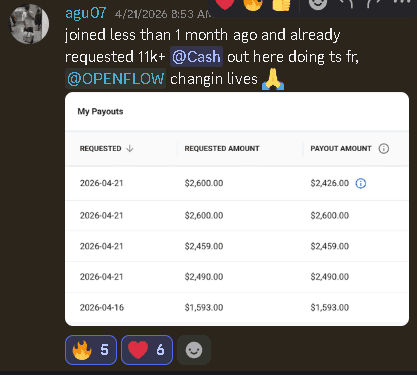 Discord message from agu07 with a My Payouts dashboard showing five requested payouts