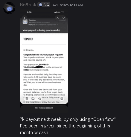 Discord message from B58rick with a Topstep payout-processing email