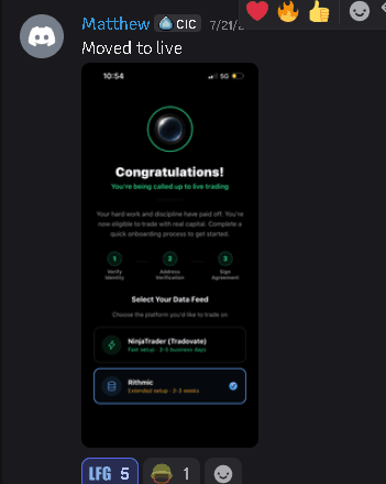 Discord message from Matthew showing a congratulations screen for being called up to live trading