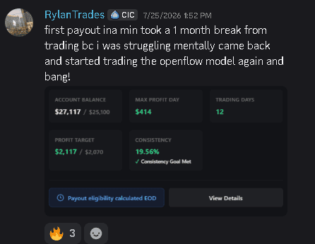 Discord message from RylanTrades sharing account stats after coming back to the OpenFlow model